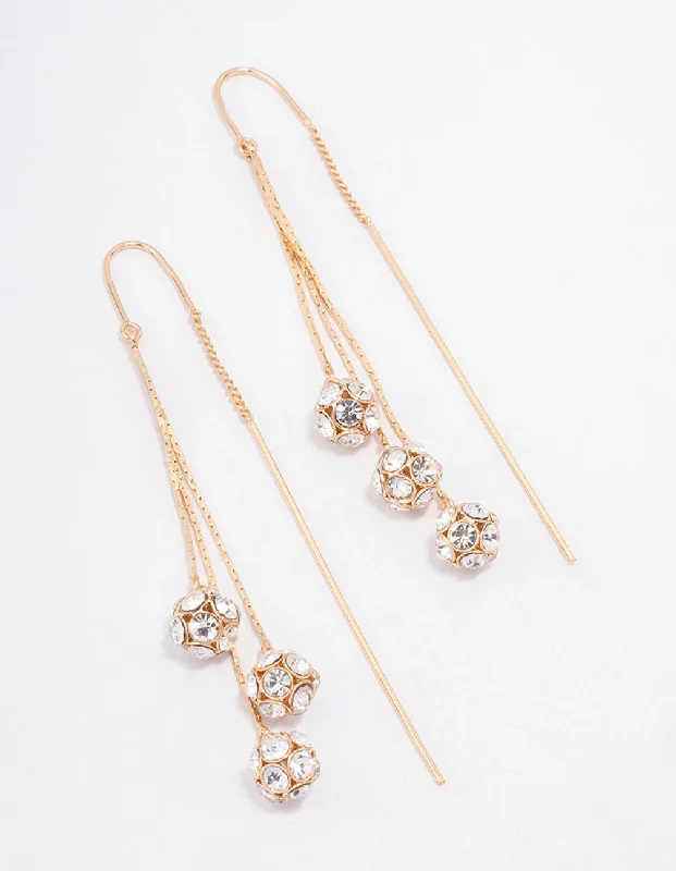 Long Tassel Drop Earrings-Gold Triple Ball Graduating Chain Drop Earrings