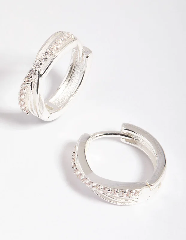 Luxury Pearl Earrings-Silver Cubic Zirconia Twisted Huggie Hoop Earrings