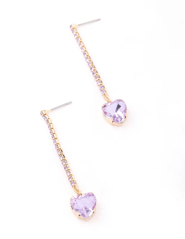 Pearl Hoop Earrings-Purple Diamante Heart Cup Chain Drop Earrings