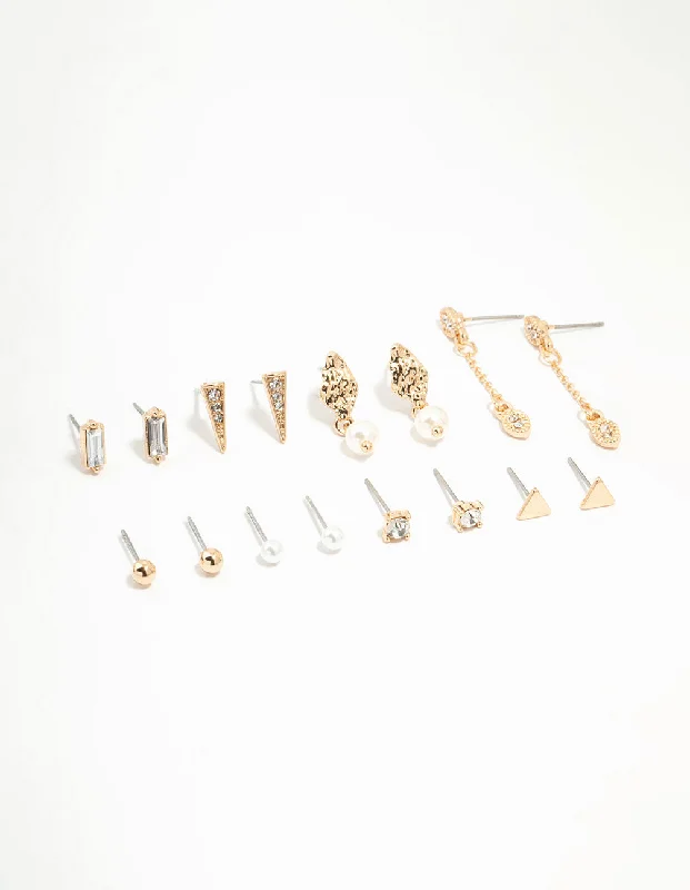 Trendy Ear Hoops-Gold Stud & Chain Earrings 8-Pack