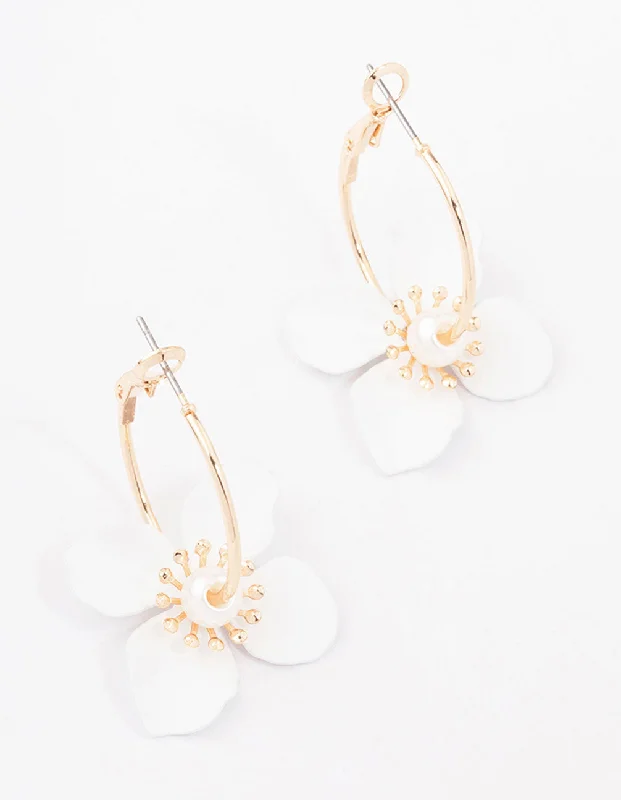 Simple Drop Earrings-Gold Pearl Flower Hoop Earrings