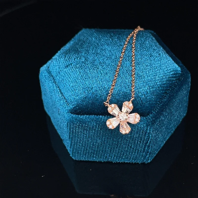 Silver Chain Necklace-Diamond Daisy Drop Pendant Necklace in 14k Rose Gold  - #150 - PJNP53621-004