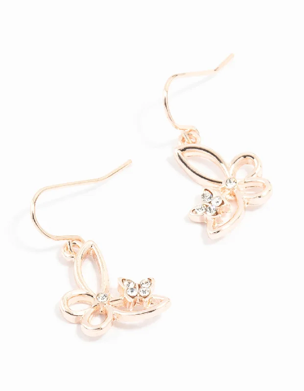 Handmade Gemstone Earrings-Rose Gold Diamante Butterfly Cut Out Drop Earrings