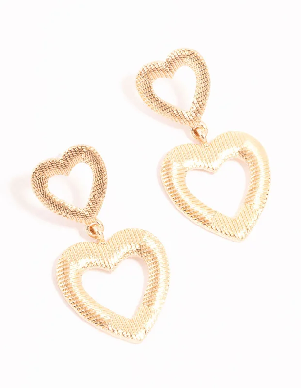 Elegant Hoops with Diamonds-Gold Line Double Heart Drop Earrings