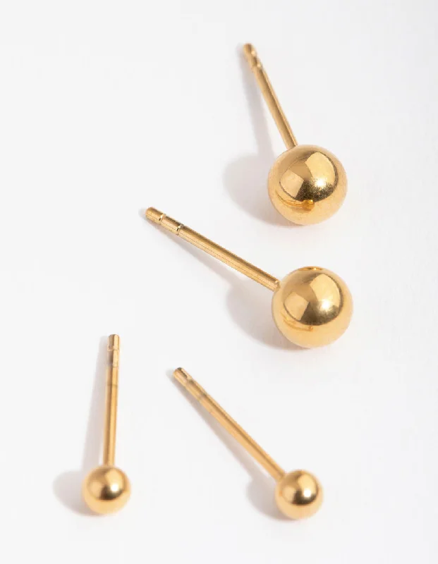 Elegant Pearl Earrings-24 Carat Gold Plated Surgical Steel Graduated Ball Stud Earrings