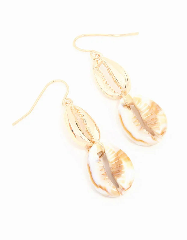 Elegant Ear Cuffs-Gold Double Shell Drop Earrings