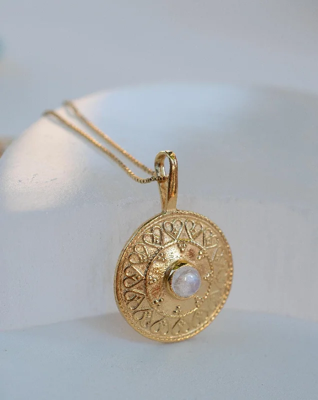 Cute Crystal Necklace-Moonstone Round Pendant ~ Gold Plated over Sterling Silver ~ MN145