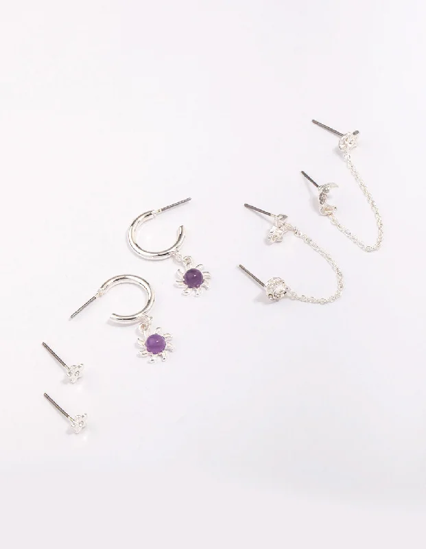 Silver Hoop Earrings-Silver Celestial Amethyst Chain Hoop Earring 4-Pack