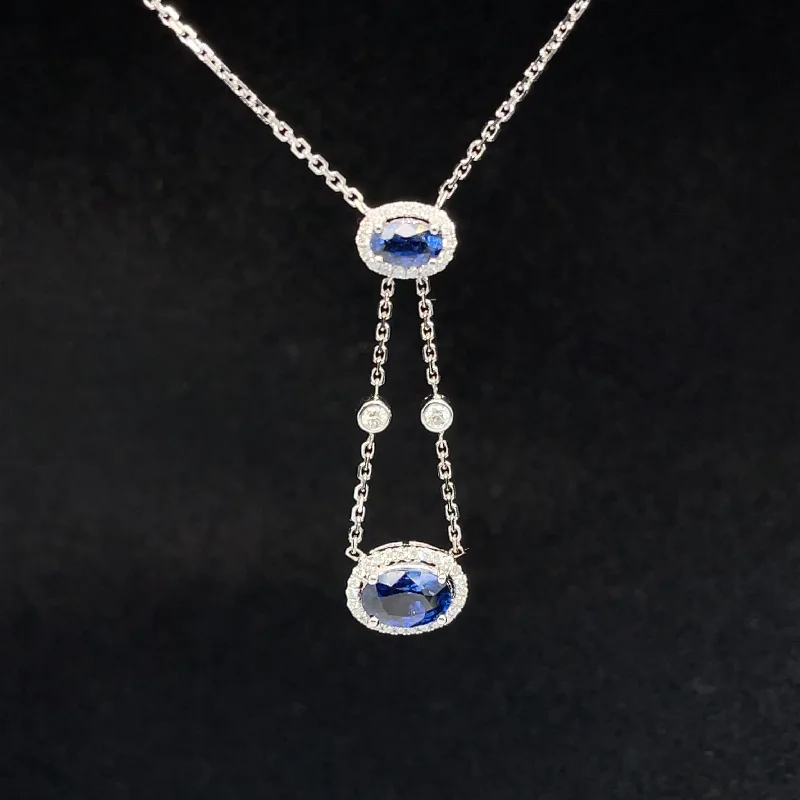 Fashionable Chain Necklace-Sapphire & Diamond Trapeze Y-Necklace in 18k White Gold - (#114-NLSAP013448)