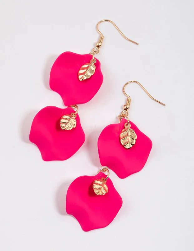 Pearl Hoop Earrings-Pink Double Petal Drop Earrings