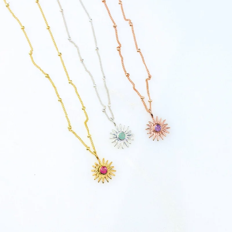 Layered Silver Necklace-Tiny Sun Burst Necklace, Birthstone Sunshine Pendant [3mm]