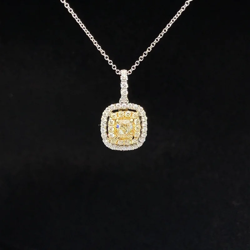 Teardrop Crystal Necklace-Fancy Yellow Diamond Radiant Double Halo Drop Necklace in 18k Two Tone Gold - (#139-JP0167GH)