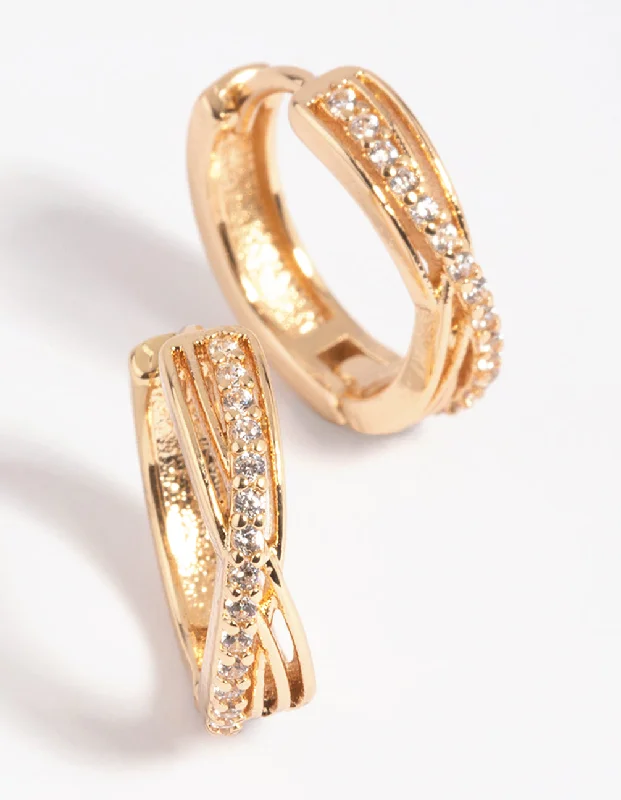 Shiny Hoop Earrings-Gold Cubic Zirconia Twisted Huggie Hoop Earrings