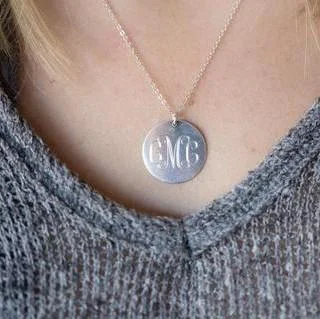 Long Beaded Pendant Necklace-Sterling Silver Monogrammed Necklace with 1" Disc