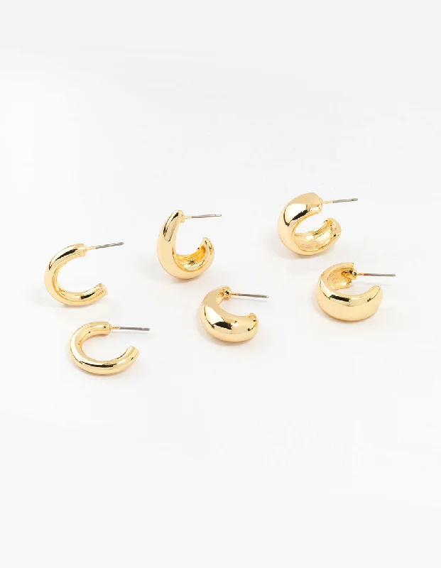 Stylish Drop Earrings-Gold Plated Chunky Hoop Earrings 3-Pack