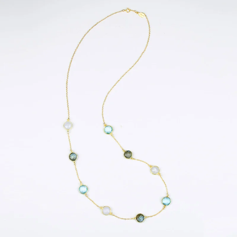 Gold Infinity Necklace-Long Labradorite, Moonstone, Blue Topaz bezel station necklace