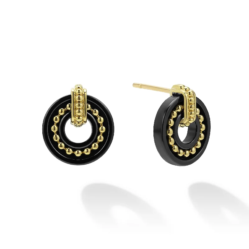 Long Dangle Hoop Earrings-Black Caviar 18K Gold and Black Ceramic Stud Earrings