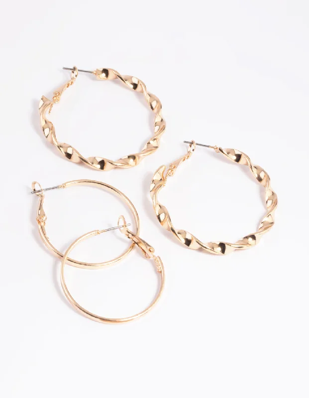 Double Drop Earrings-Gold Wide Ribbon Hoop Earring Set