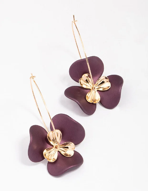 Rose Gold Earrings-Gold & Brown Large Flower Wire Hoop Earrings