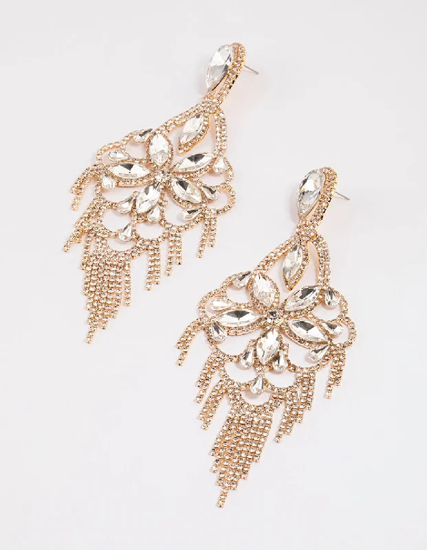 Glamour Diamond Earrings-Gold Statement Glam Drop Earrings