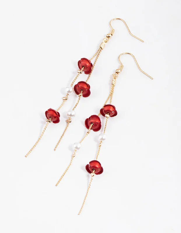 Crystal Dangle Drop Earrings-Red Rose & Pearl Chain Drop Earrings