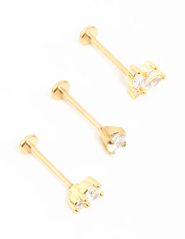 Custom Pearl Earrings-Gold Plated Surgical Steel Double Cubic Zirconia Flat Backs 3-Pack