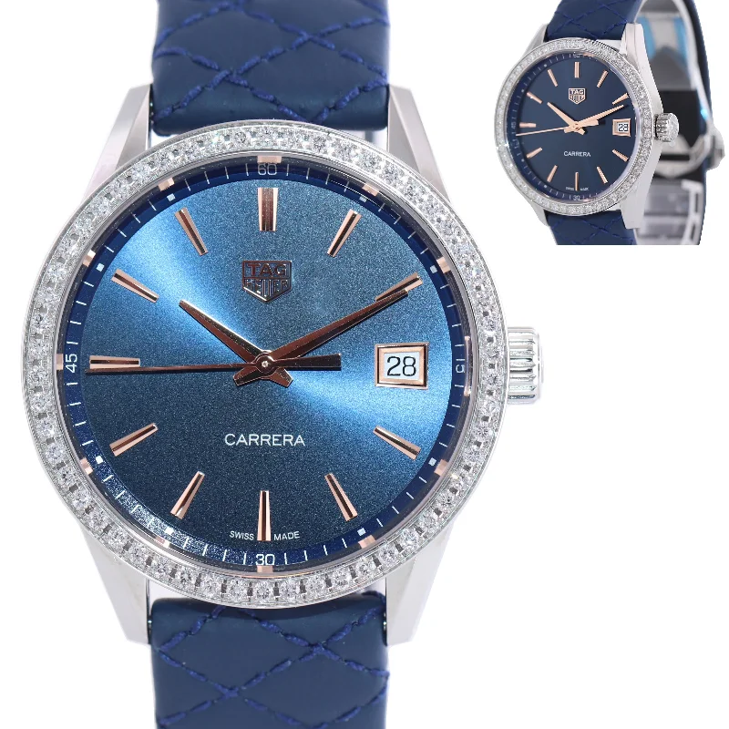 Women's Watch with Gold Strap-Ladies Tag Heuer Carrera Stainless Steel Blue Diamond Quartz 36mm Watch WBK1317