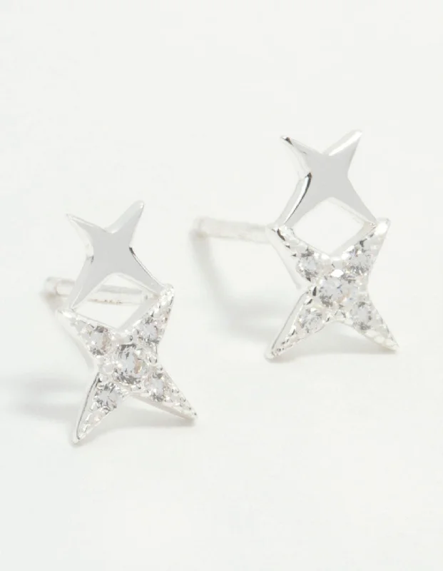 Chic Cuff Earrings-Sterling Silver Cubic Zirconia Double Star Stud Earrings