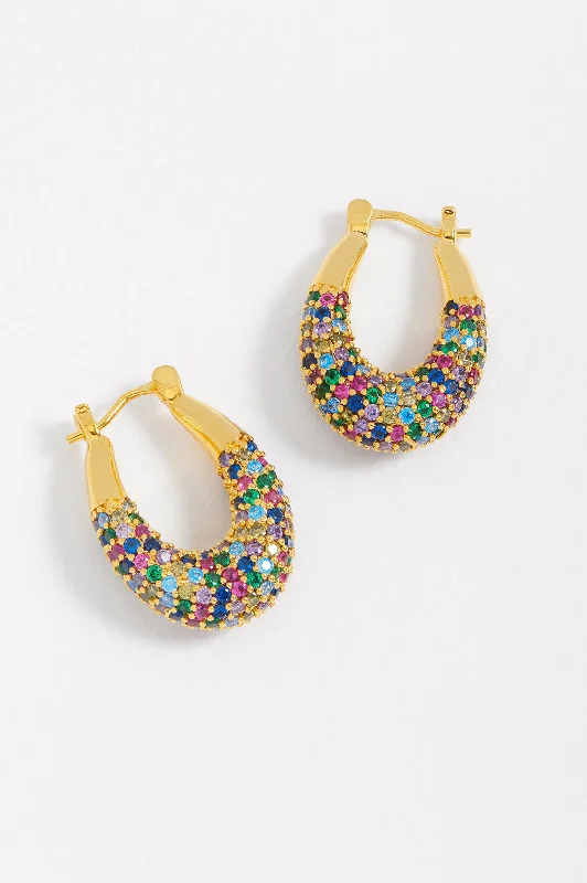 Silver Teardrop Earrings-Rainbow CZ Chubby Oval Hoops