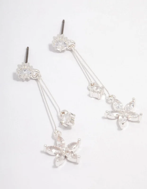 Elegant Chandelier Earrings-Silver Cubic Zirconia Flower Waterfall Drop Earrings