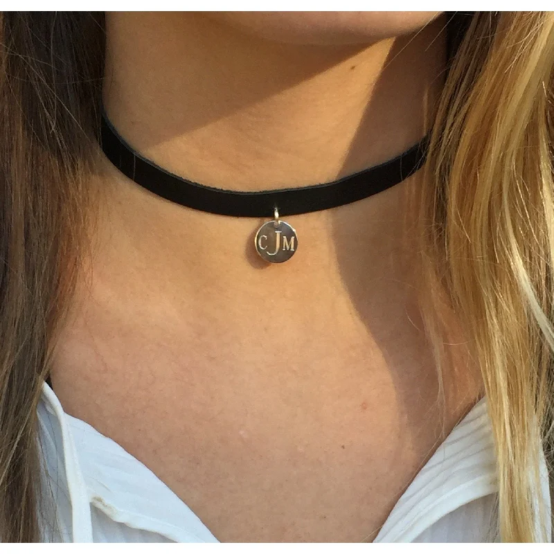 Wedding Necklace-Monogram Leather Choker Necklace Black and Silver