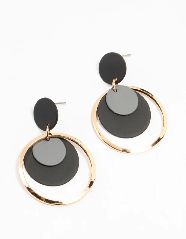 Personalized Name Earrings-Black Coated Layered Disc Drop Earrings