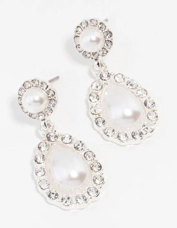 Elegant Drop Earrings-Silver Diamante Encased Pearl Drop Earrings