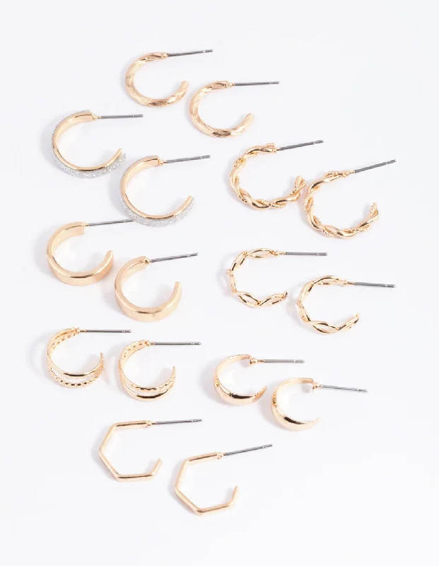 Fun Hoop Earrings-Gold Glittered & Textured Hoop Earring 8-Pack