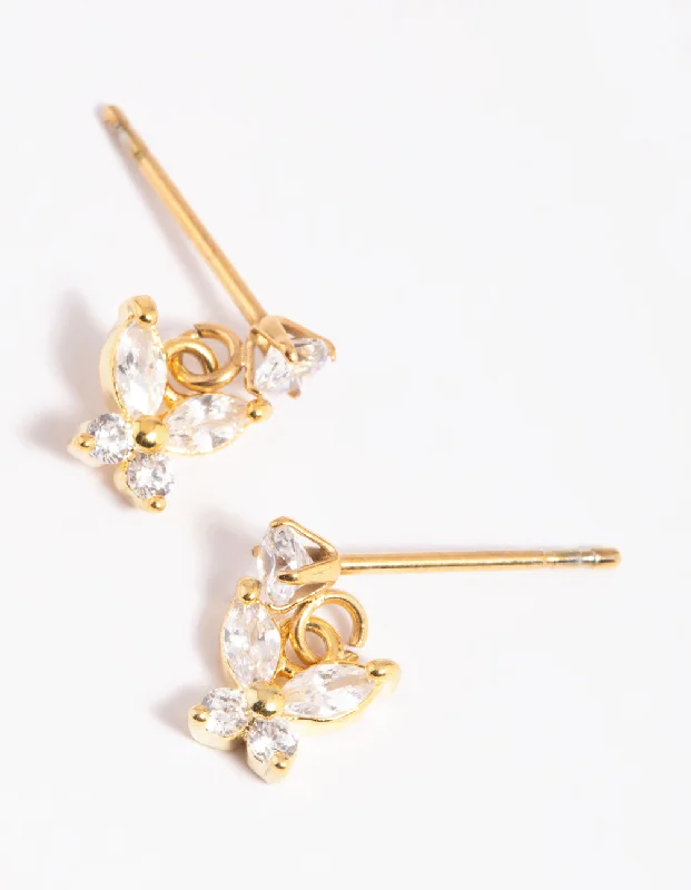 Dainty Pearl Earrings-Gold Plated Surgical Steel Butterfly Stud Drop Earrings