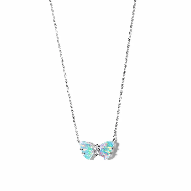 Fashion Statement Necklace-Butterfly Opal Diamond Pendant Necklace