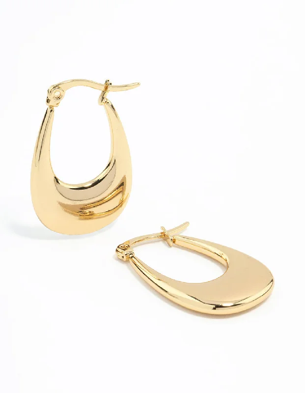 Fashionable Dangle Earrings-Waterproof Gold Plated Stainless Steel Elongated Flat Hoop Earrings