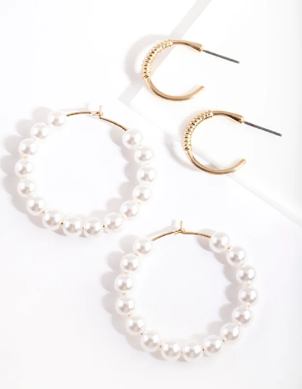 Boho Feather Earrings-Gold Textured Pearl Hoop Earring Pack