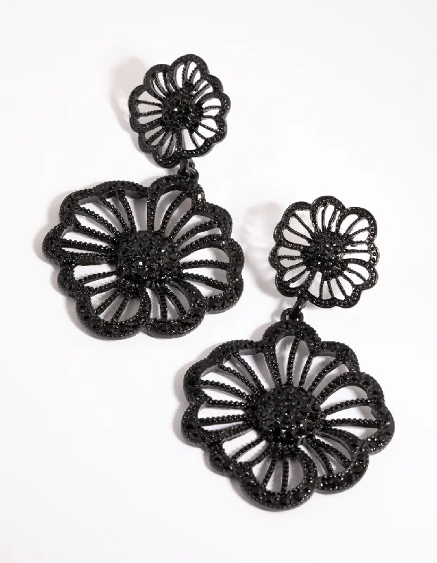 Geometric Silver Earrings-Matte Black Diamante Flower Drop Earrings