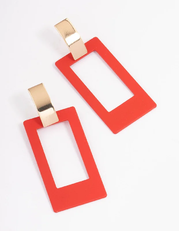 Handmade Dangle Earrings-Red Large Open Square Drop Earrings