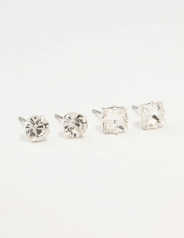 Elegant Diamond Earrings-Silver Diamante Circle Square Stud Earrings 2-Pack