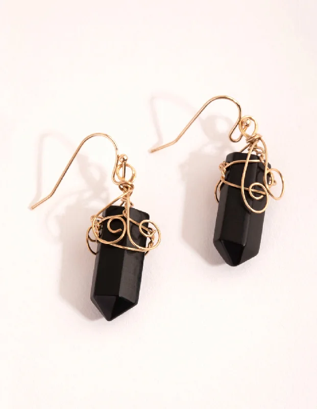 Silver Stud Earrings-Gold Coil Wrapped Onyx Drop Earrings