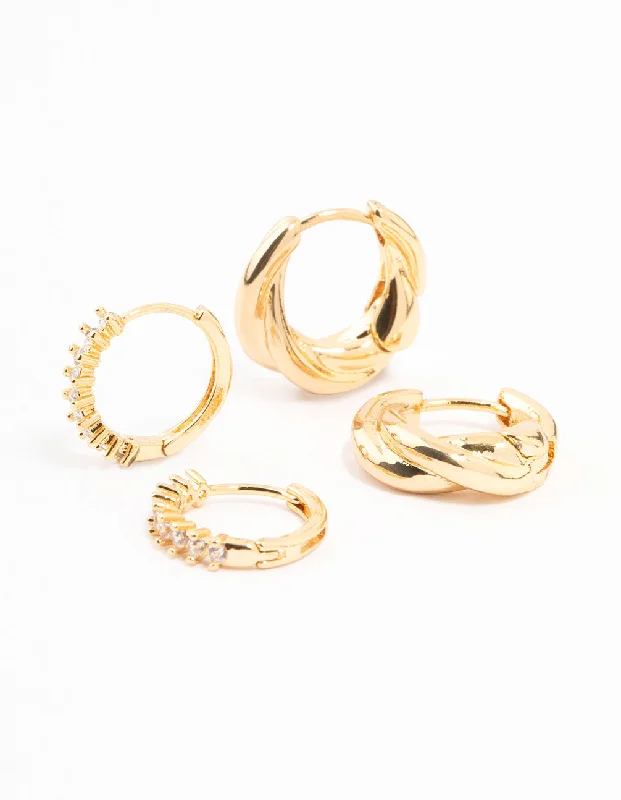 Rhinestone Earrings-Gold Plated Cubic Zirconia Twist Huggie Earrings 2-Pack