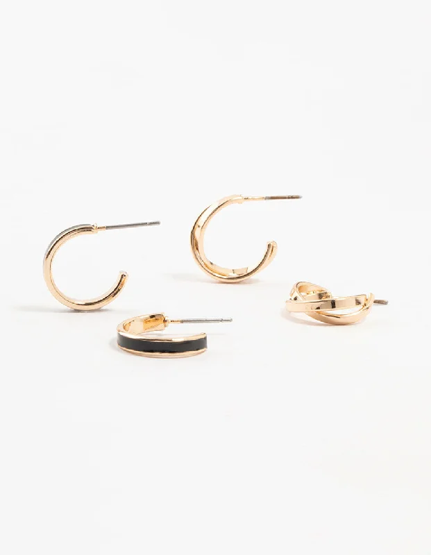 Casual Hoop Earrings-Gold & Black Cross Over Hoop Earrings 2-Pack