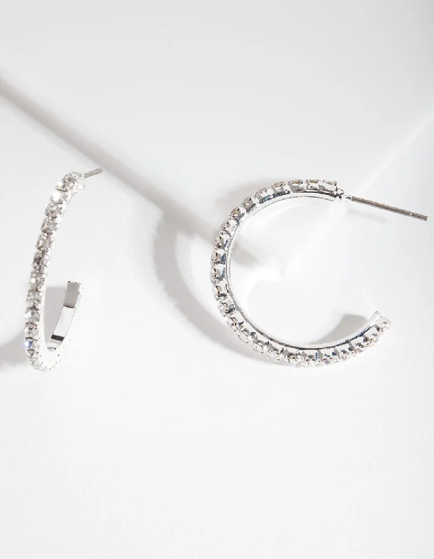 Silver Circle Earrings-Silver Diamante Stud Hoop Earrings