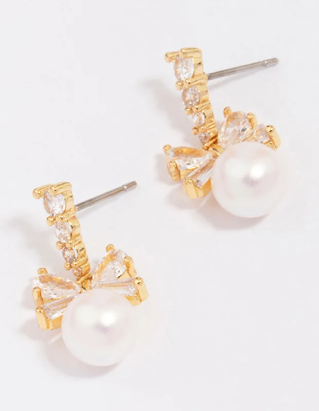 Elegant Gold Earrings-Gold Plated Cubic Zirconia Bow & Pearl Drop Earrings