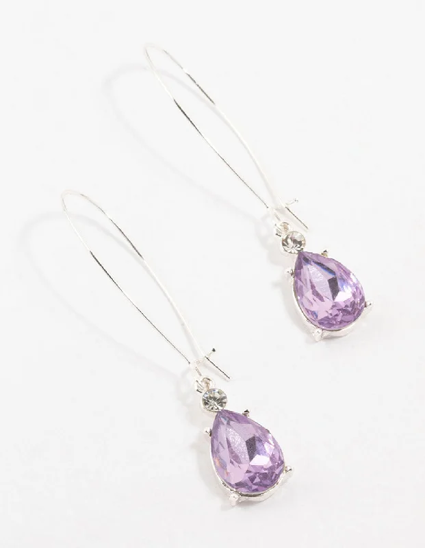 Feather Dangle Earrings-Silver Long Hawker Purple Pear Diamante Drop Earrings