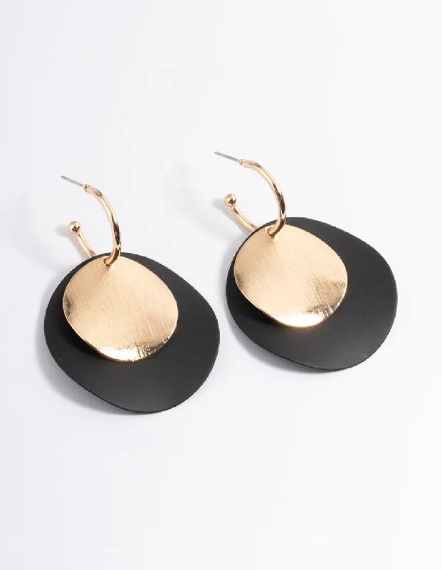 Geometric Hoop Earrings-Gold & Black Large Double Disc Huggie Earrings