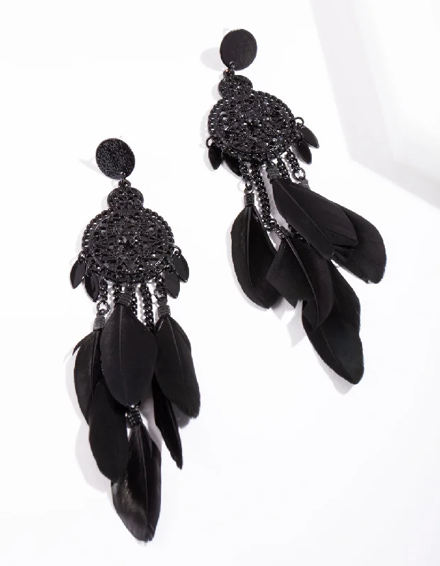 Adjustable Earrings-Black Filigree Cascading Feather Earrings