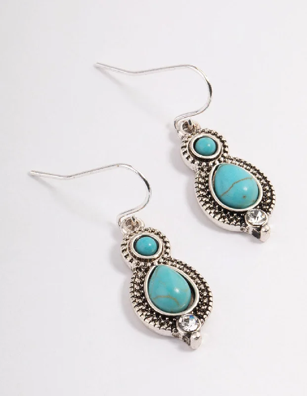 Stud Earrings for Women-Antique Silver Cabochon Drop Earrings